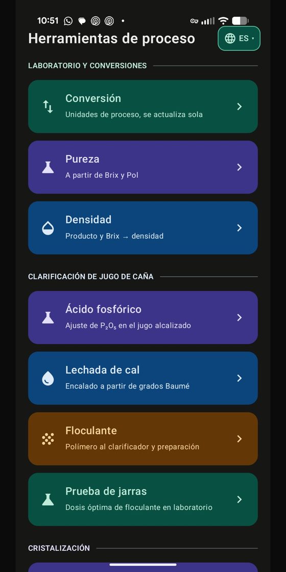 Pantalla principal de la app SugarPlantCalc